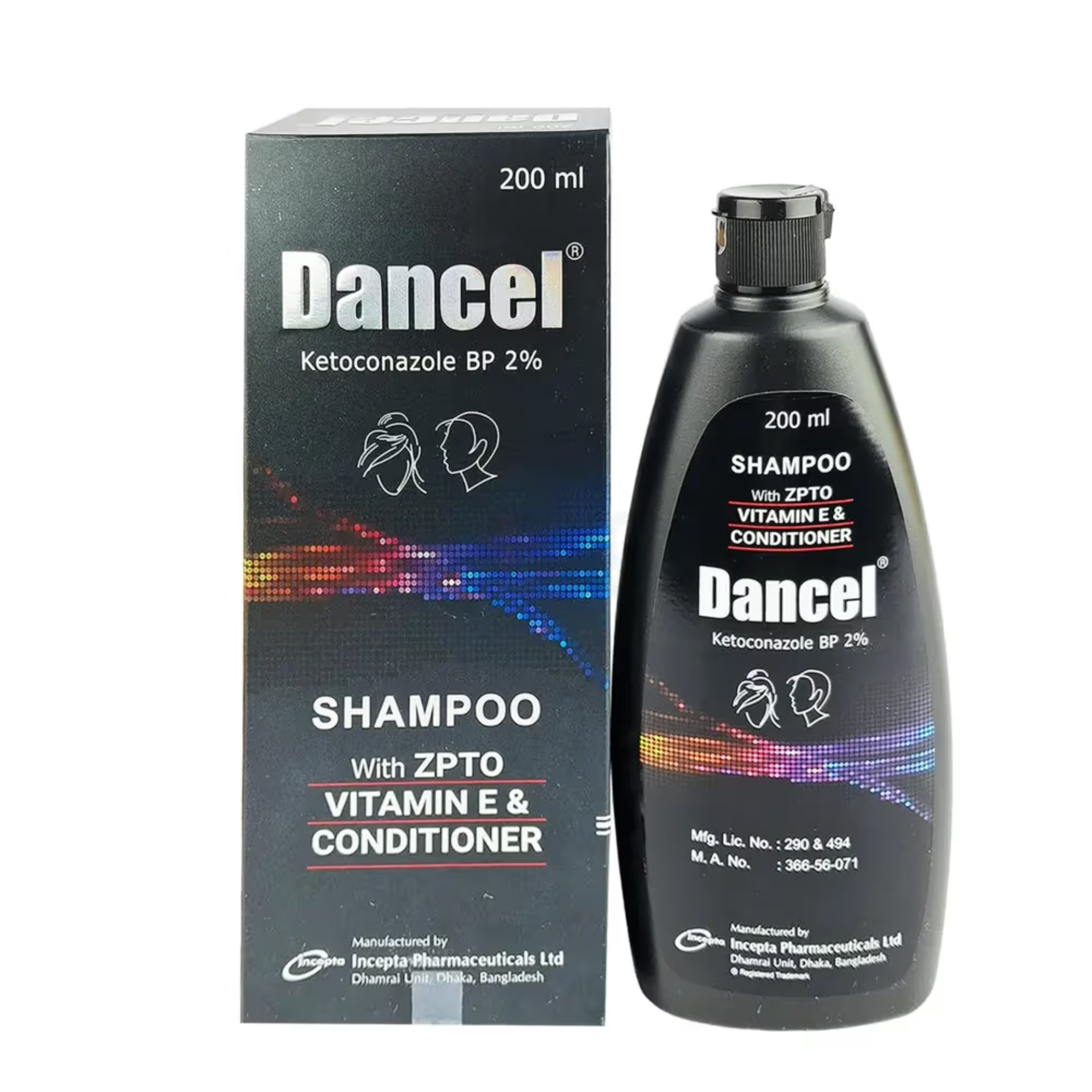 Dancel shampoo bottle and box with colorful design and white text on black background.