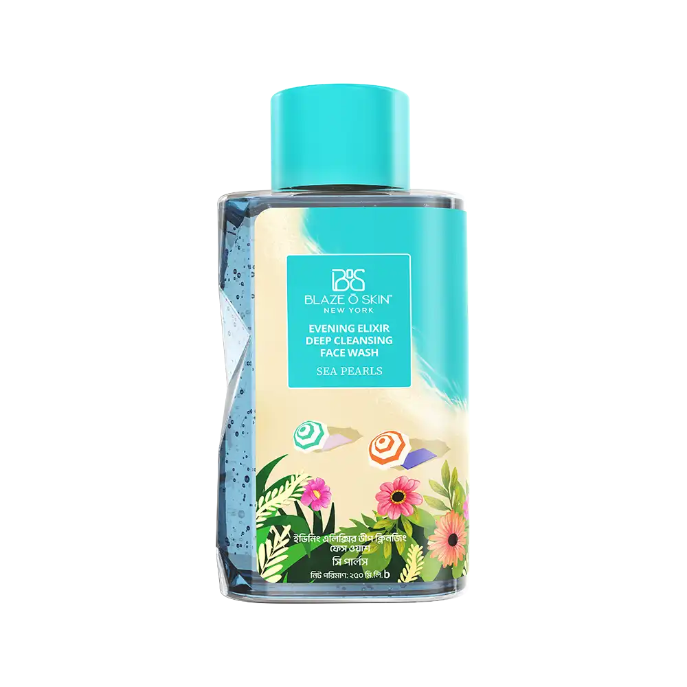 Face wash bottle with turquoise cap and floral design on the label.
