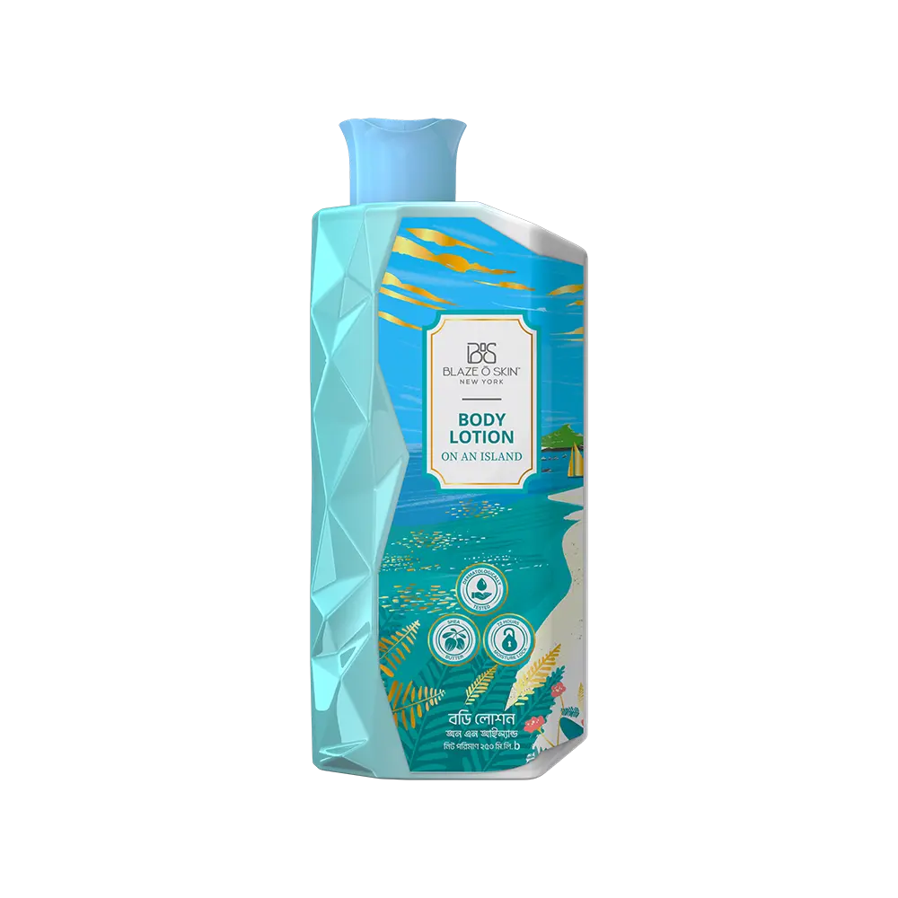 Blue and turquoise body lotion sachet with geometric design and product label.