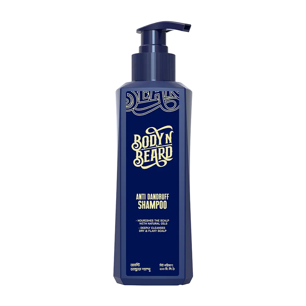 Blue pump bottle labeled Body & Beard Last Warrior Shampoo.