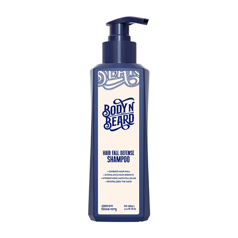 Blue rectangular bottle with pump dispenser labeled "BodynBeard Hair and Beard Shampoo".