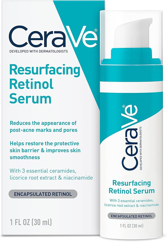 CeraVe Resurfacing Retinol Serum bottle and packaging with teal accents.
