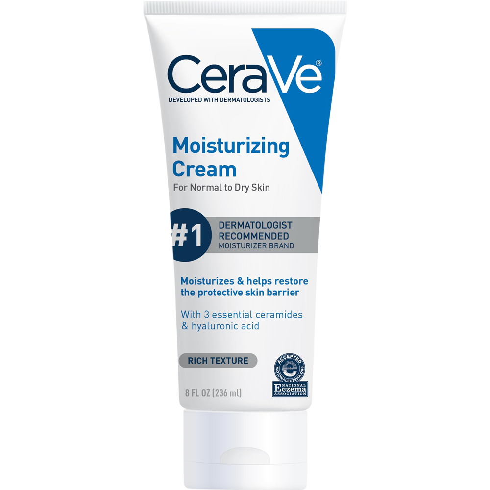 CeraVe Moisturizing Cream tube with blue and white packaging.