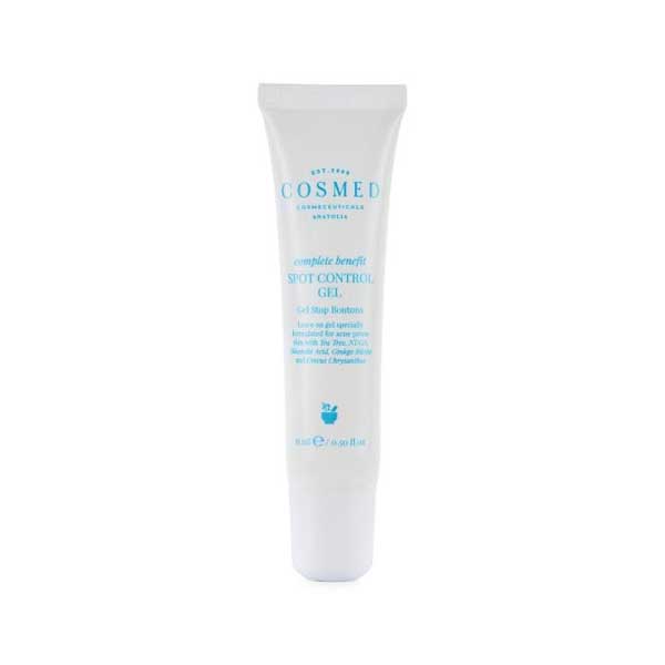 White skincare product tube with blue text on a plain background.