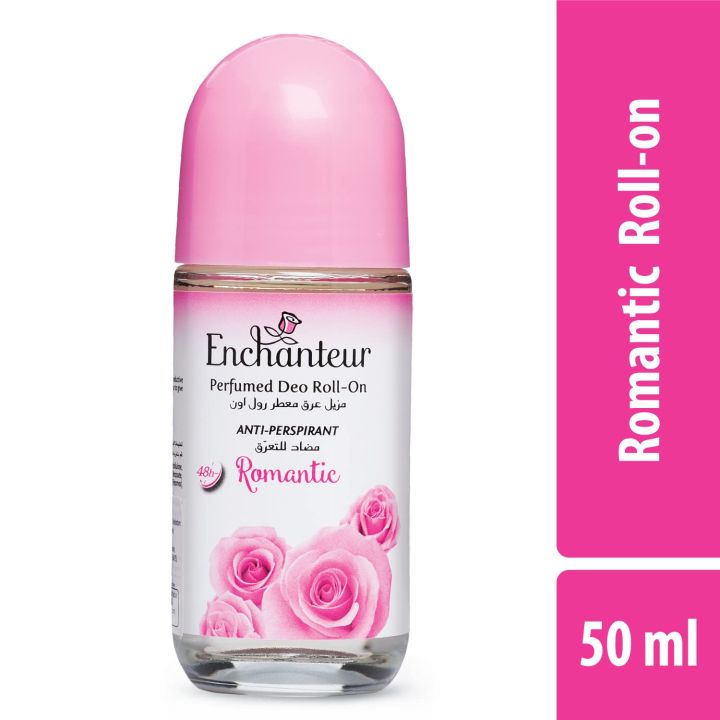Enchanteur Romantic Roll-On deodorant with pink roses and a pink cap, 50 ml.