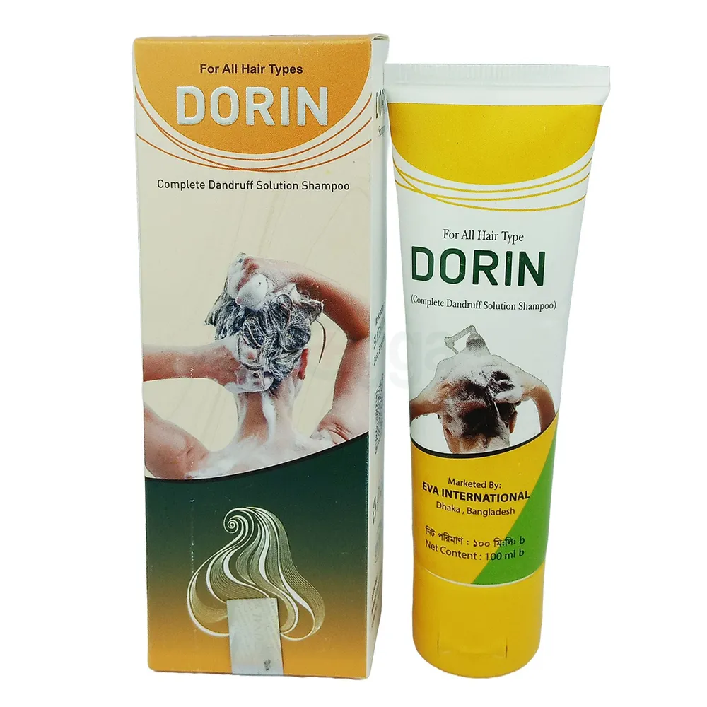 Dorin shampoo tube and box with yellow and green accents, showing person washing hair.