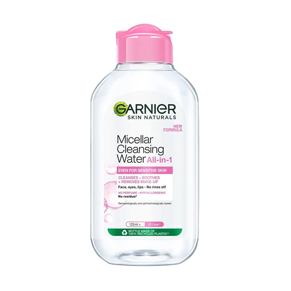 Garnier Micellar Cleansing Water bottle with pink cap and clear liquid inside.