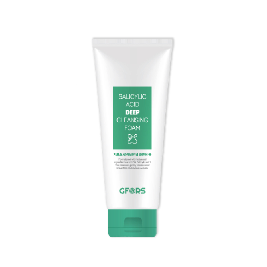 White tube of cleansing foam with green label and cap on a plain background.