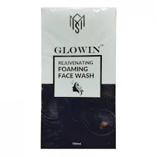 Glowin face wash product packaging with black and white design.
