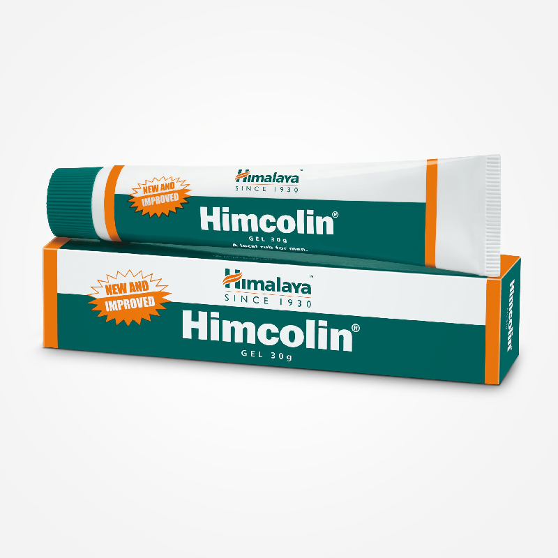 Himcolin gel tube and box with teal and white packaging, brand logo visible.