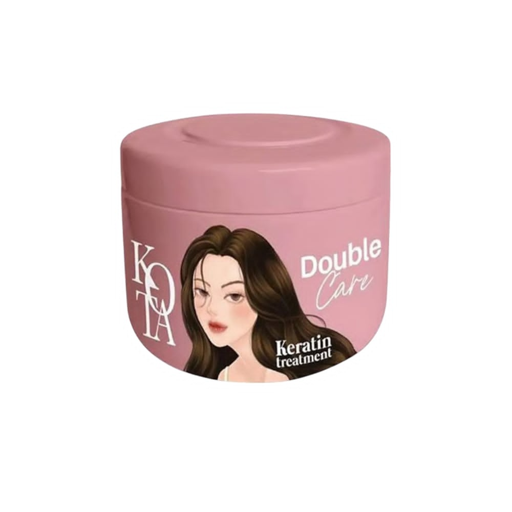 Pink hair product jar with illustration of woman and keratin treatment label.