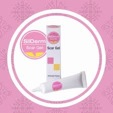 SilDerm Scar Gel packaging with a pink and white design in a circular frame.
