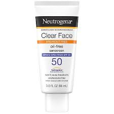 Neutrogena Clear Face sunscreen tube with SPF 50 label on a white background.