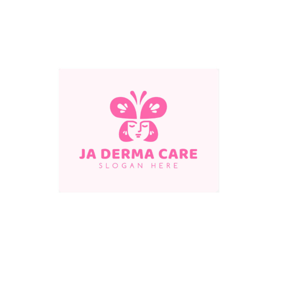 Pink JA Derma Care logo with butterfly and stylized face on a light background.
