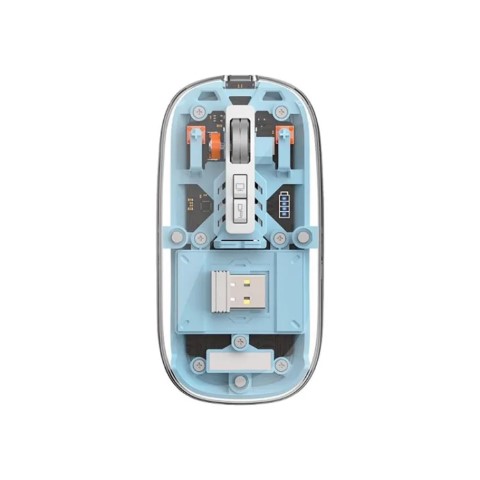 Blue wireless computer mouse with its back cover removed, exposing battery and USB receiver.