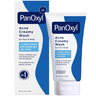 PanOxyl Acne Creamy Wash tube and box with blue and white packaging.