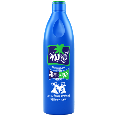 Blue Parachute coconut oil bottle with green cap and white graphics on the label.