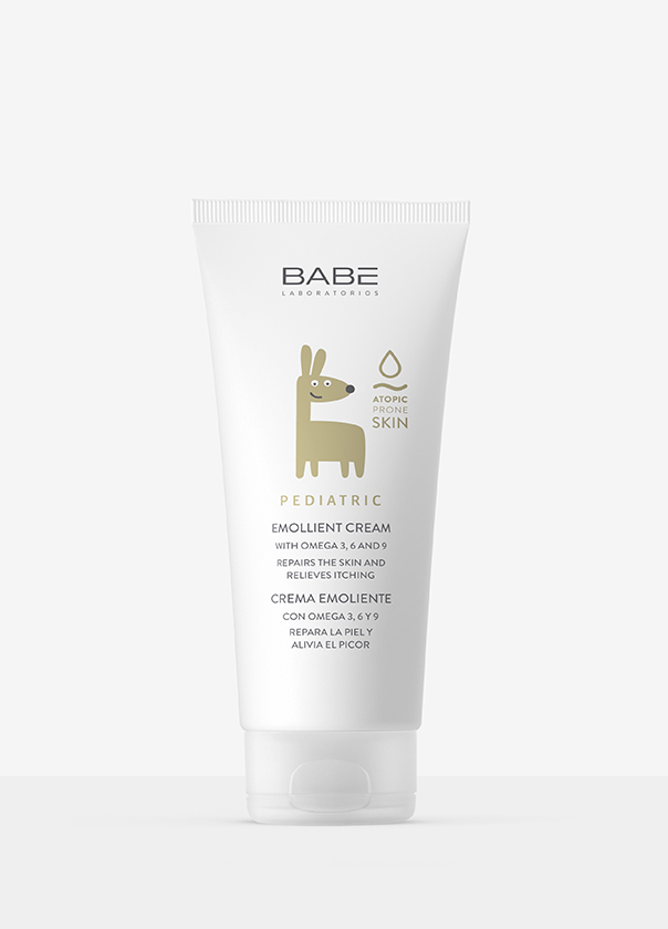 White tube of BABE pediatric moisturizing cream with minimalist animal illustration.