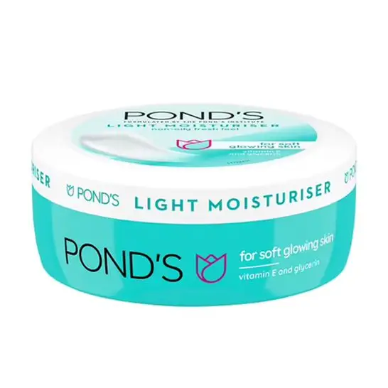 Pond's Light Moisturiser cream container with teal and white packaging.