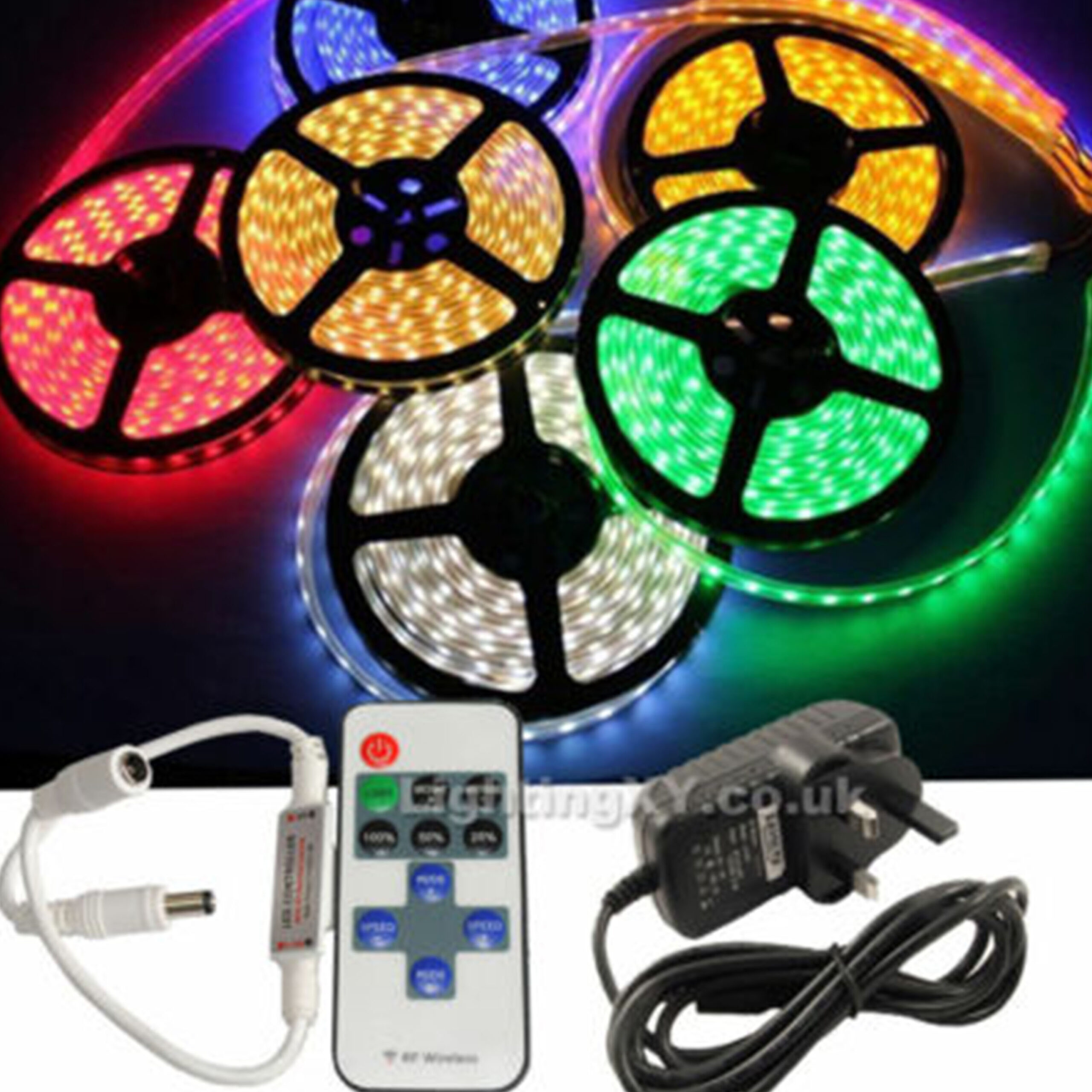 LED strip lights in red, yellow, white, and green with remote, adapter, and power supply.