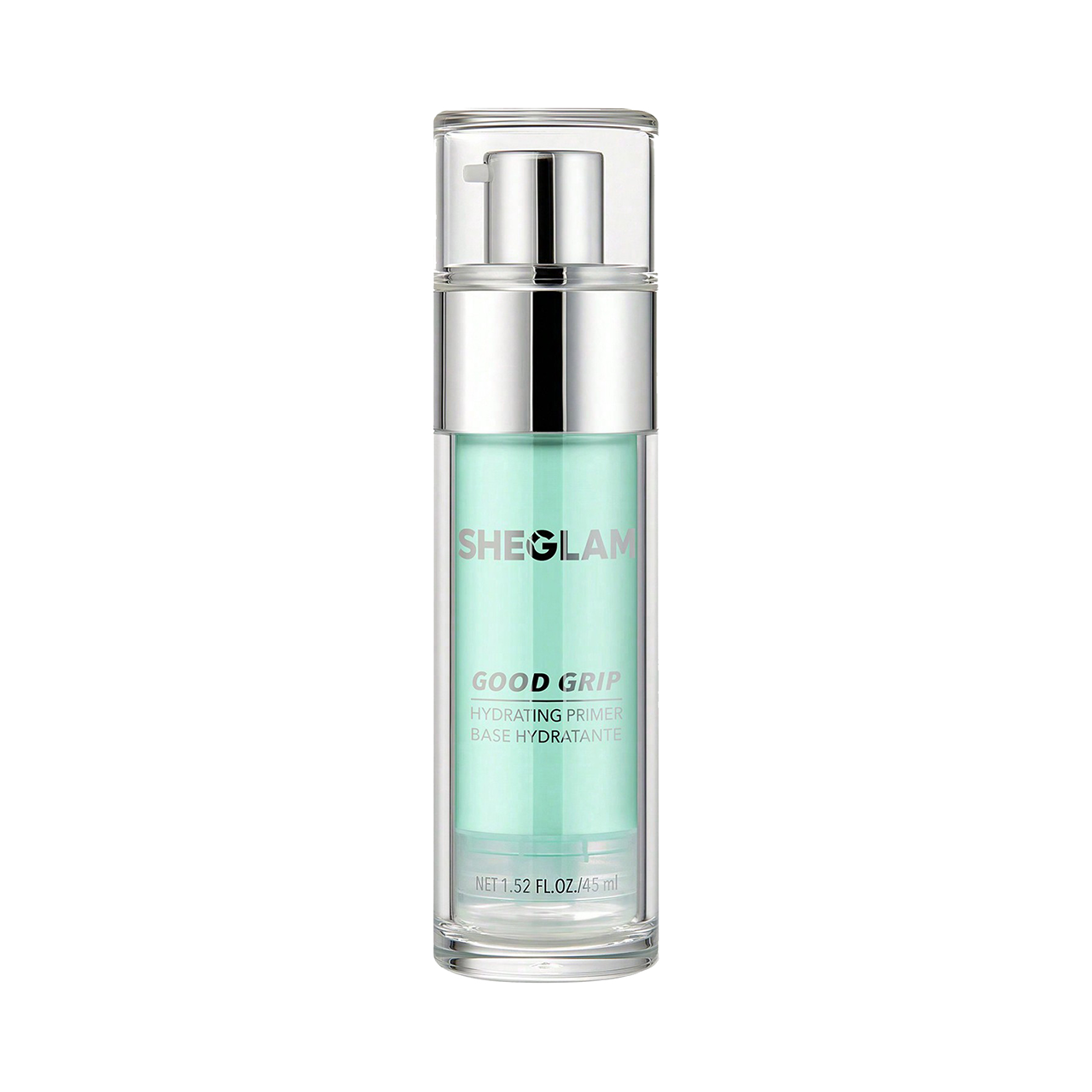 Clear bottle of skincare serum with a silver pump and light blue liquid inside.