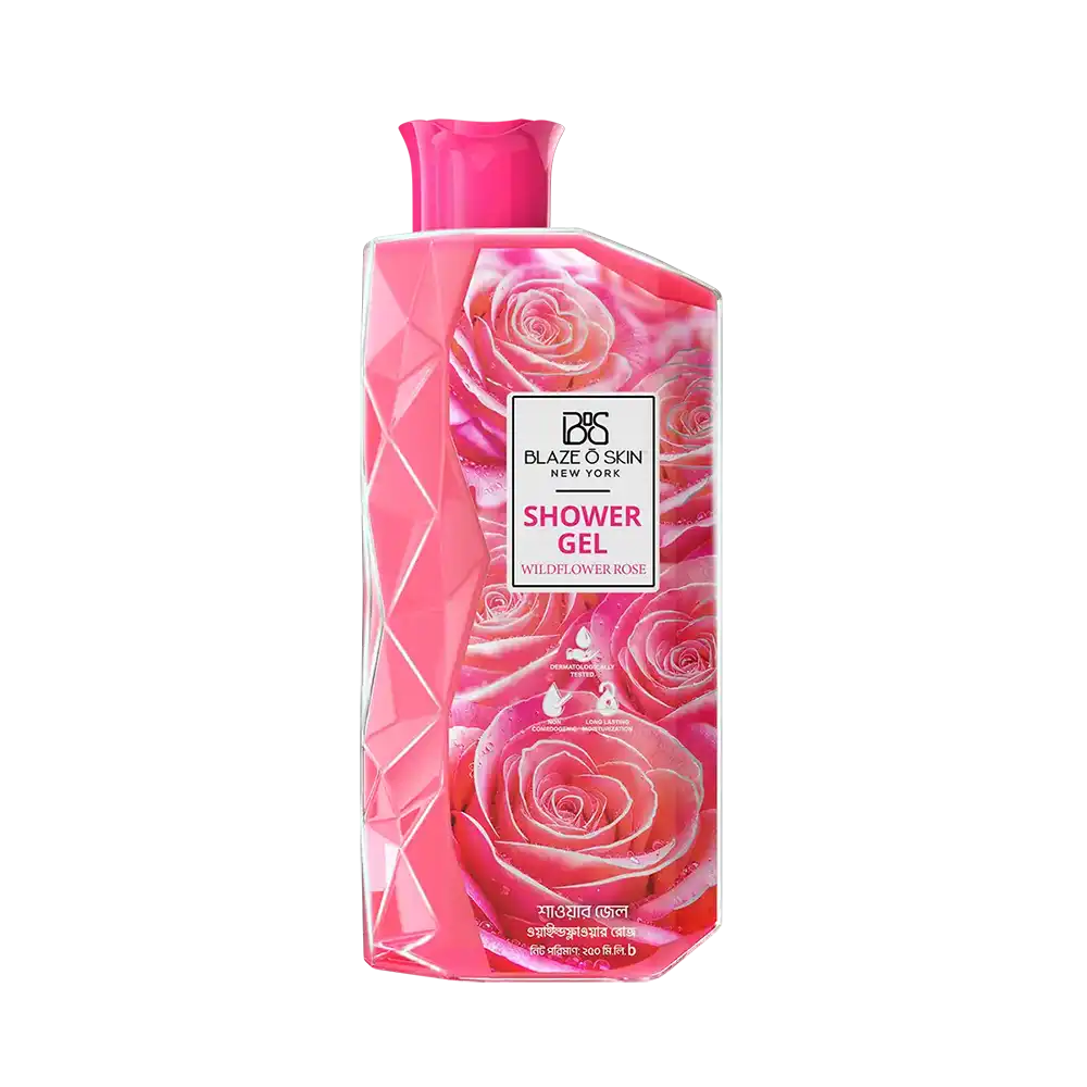Shower gel bottle with pink rose design and geometric accents.