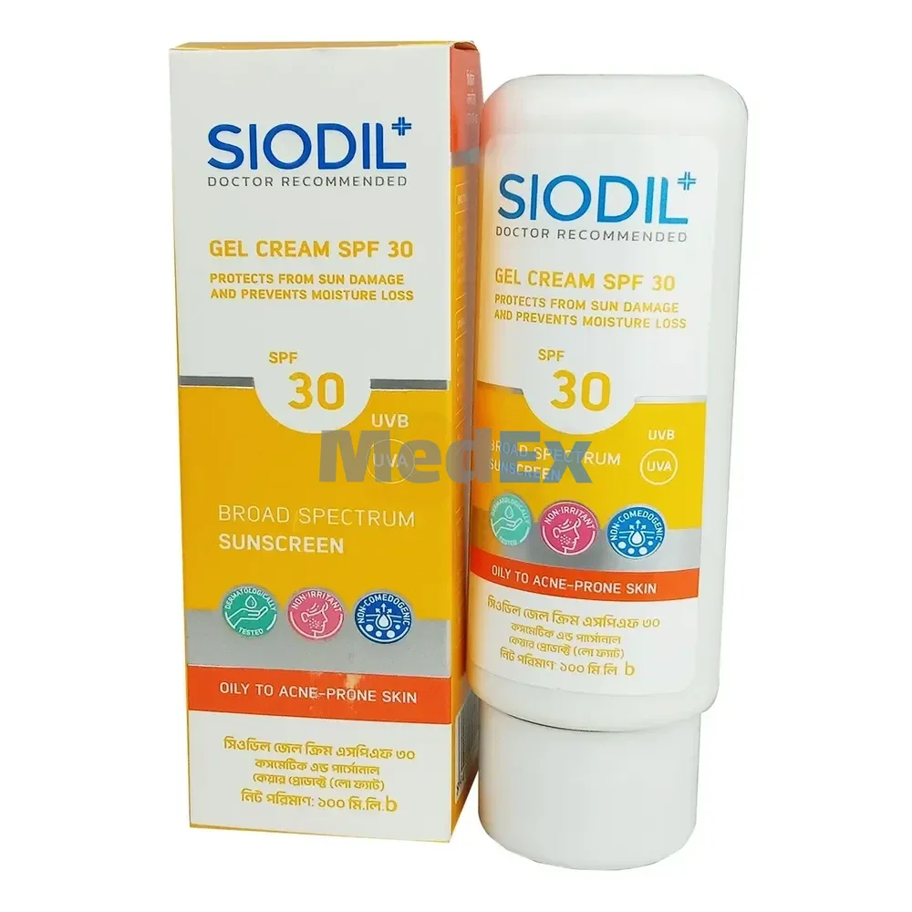 SIODIL sunscreen gel cream SPF 30 bottle next to its yellow and white box.