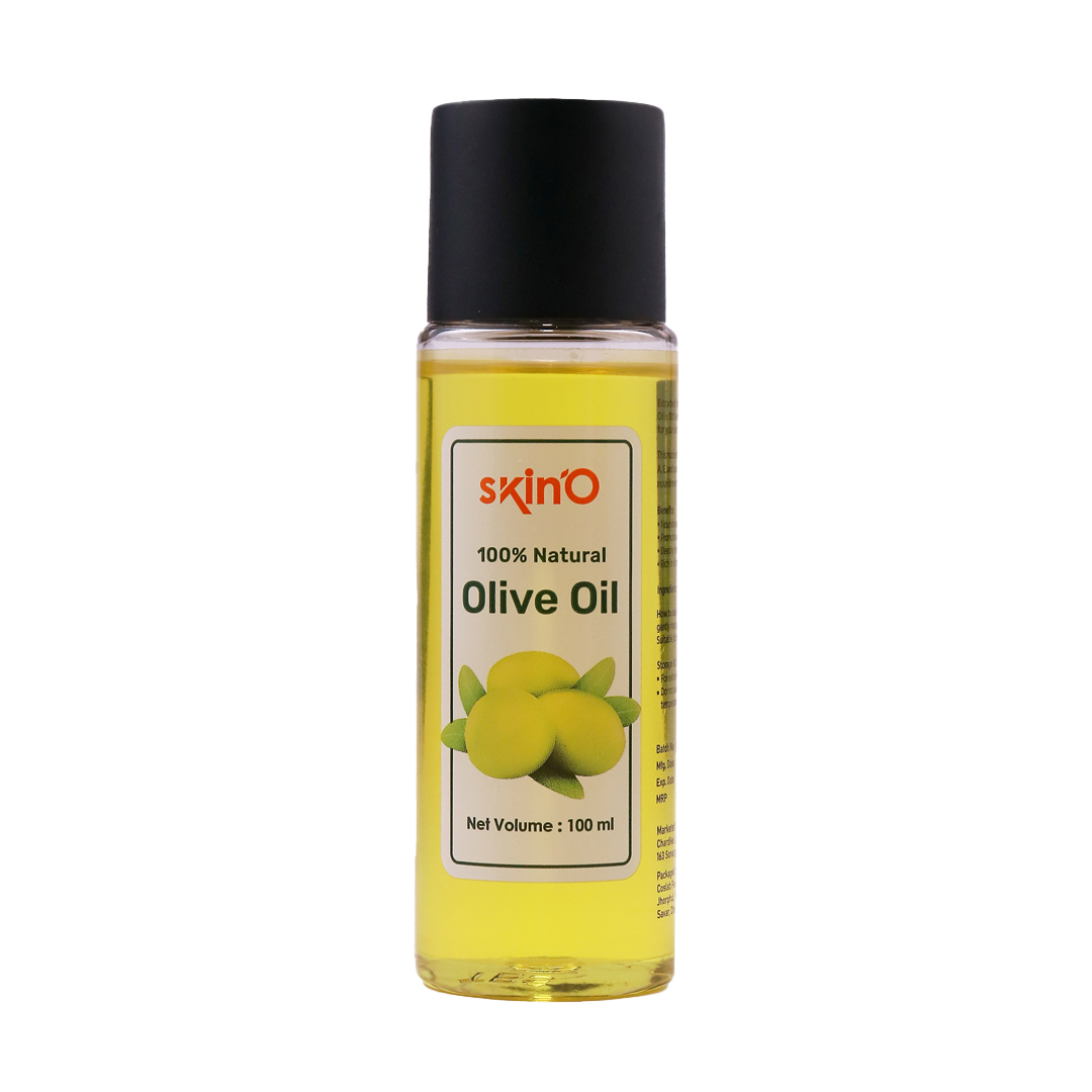 Small bottle of olive oil with a black cap and a yellow label featuring olives.