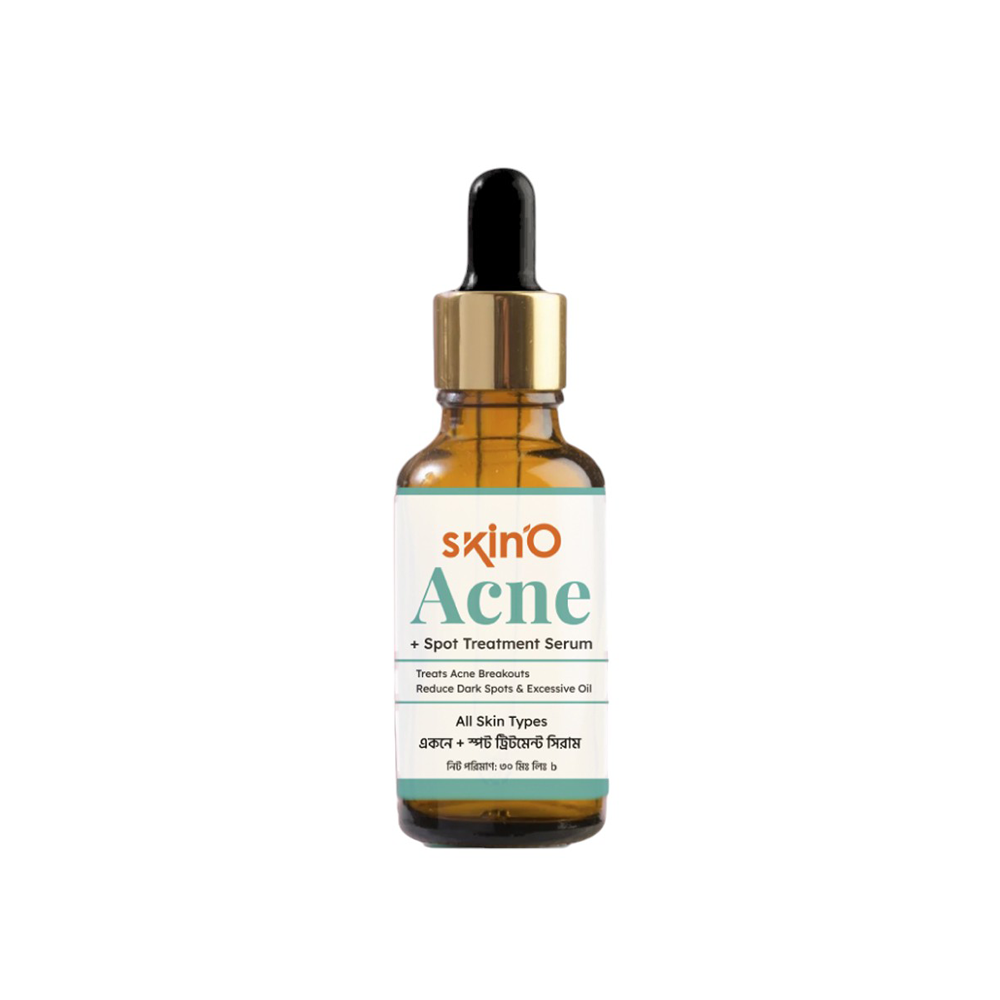 Amber glass dropper bottle labeled SkinO Acne spot treatment serum on white background.