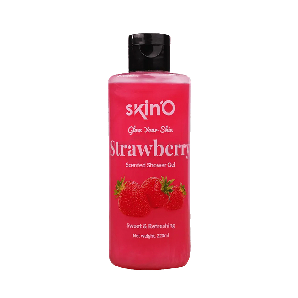 Pink bottle of SkinO Strawberry Scented Shower Gel with black cap and strawberry images.