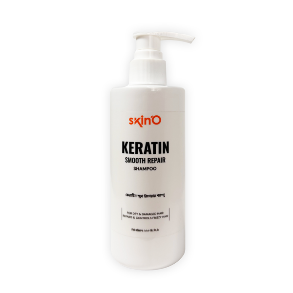 White bottle of SkinO Keratin Smooth Repair Shampoo with a pump dispenser.