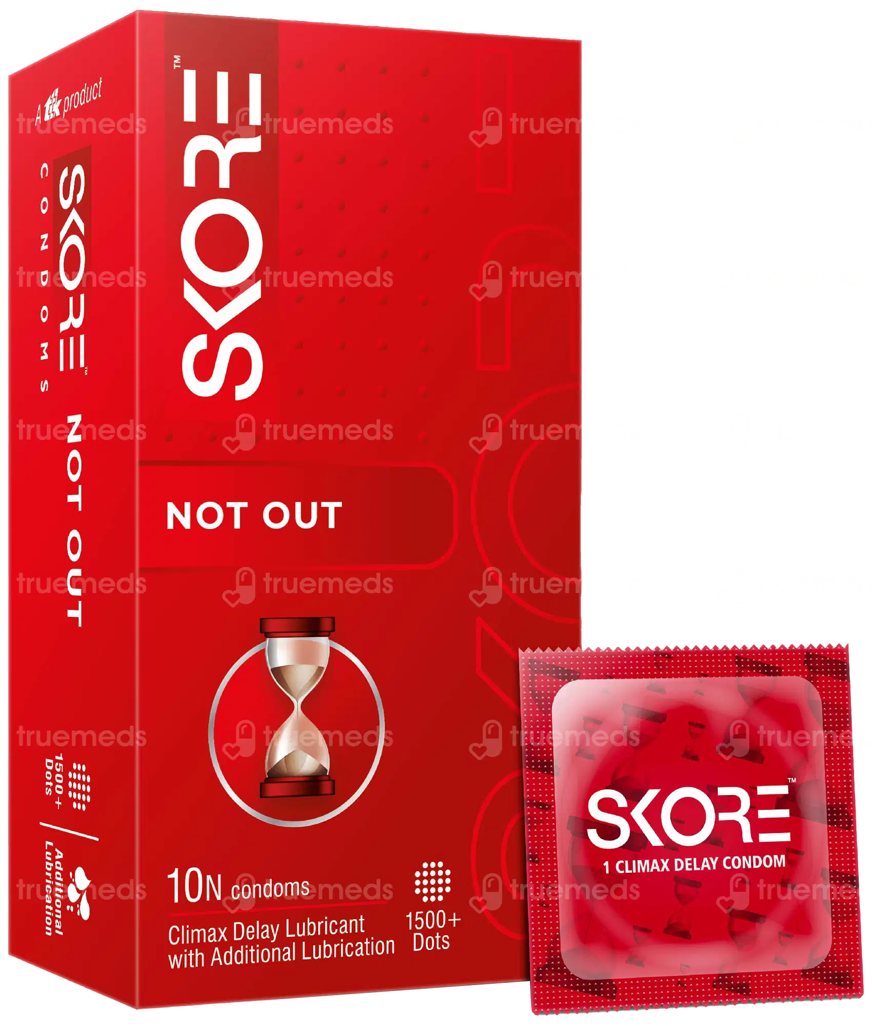 Red SKORE Not Out condom packaging box with a single condom wrapper beside it.