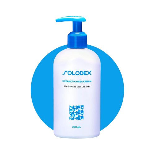 White SOLODEX pump bottle with blue cap and label on a blue circle background.