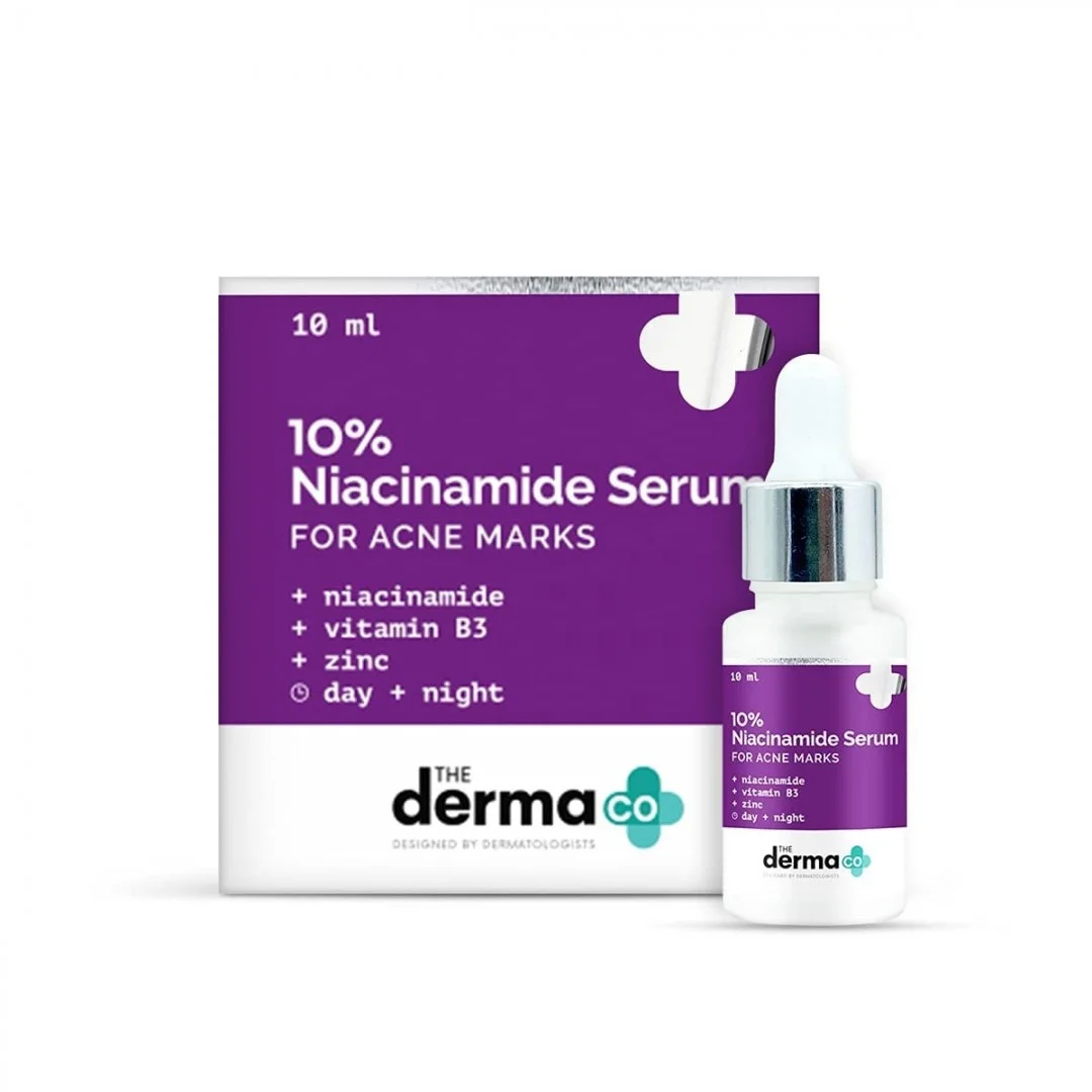 The Derma Co 10% Niacinamide Serum box and dropper bottle with purple label.