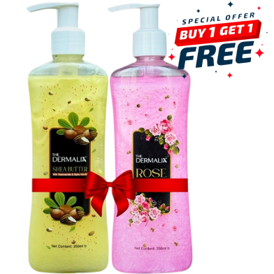 Two Dermalik liquid soap bottles, one yellow and one pink, with a red ribbon and bow.