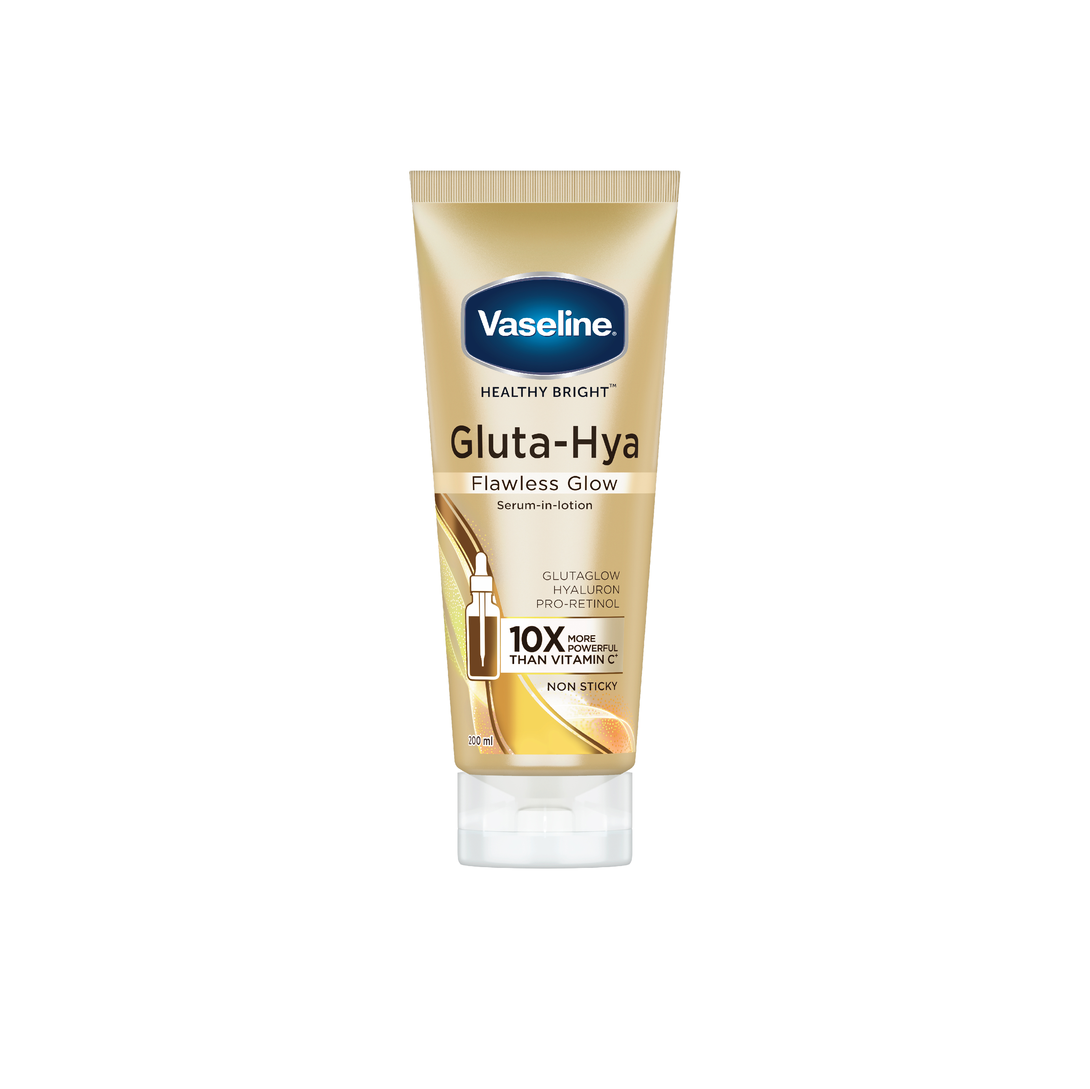 Vaseline Gluta-Hya gold tube with blue and gold accents on a white background.
