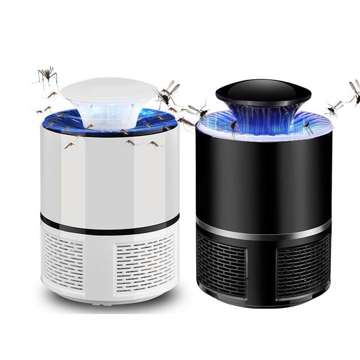 Two cylindrical air purifiers, one white and one black, with blue light accents.
