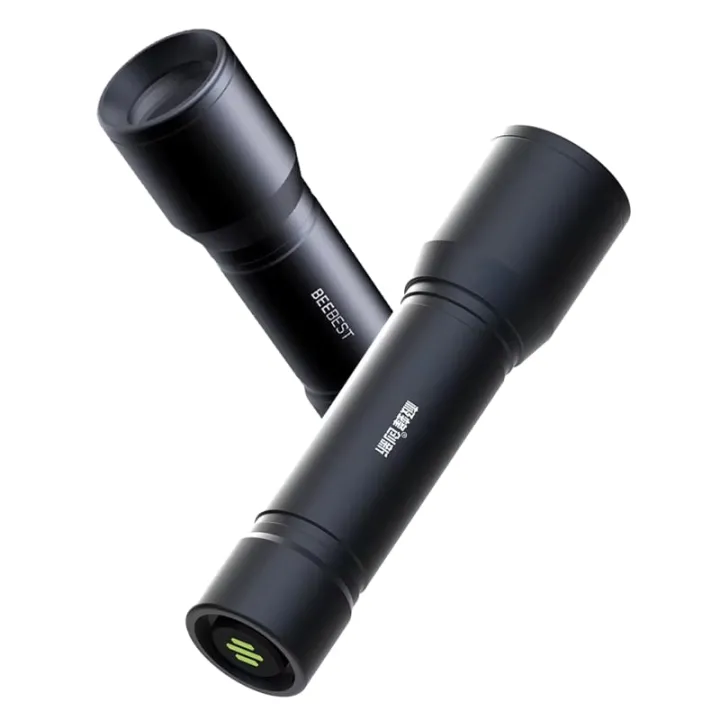 Two black LED flashlights with cylindrical bodies on a white background.