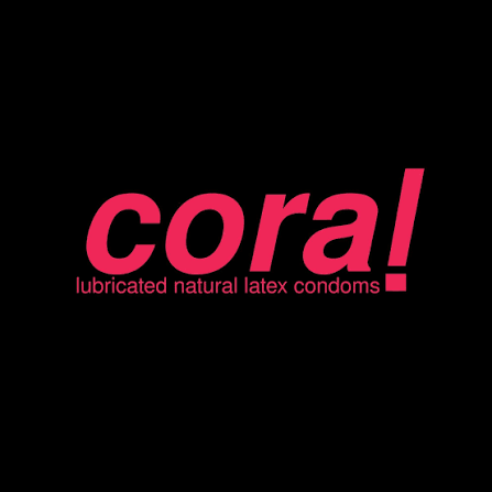 Cora! condom logo in bold pink text on a black background