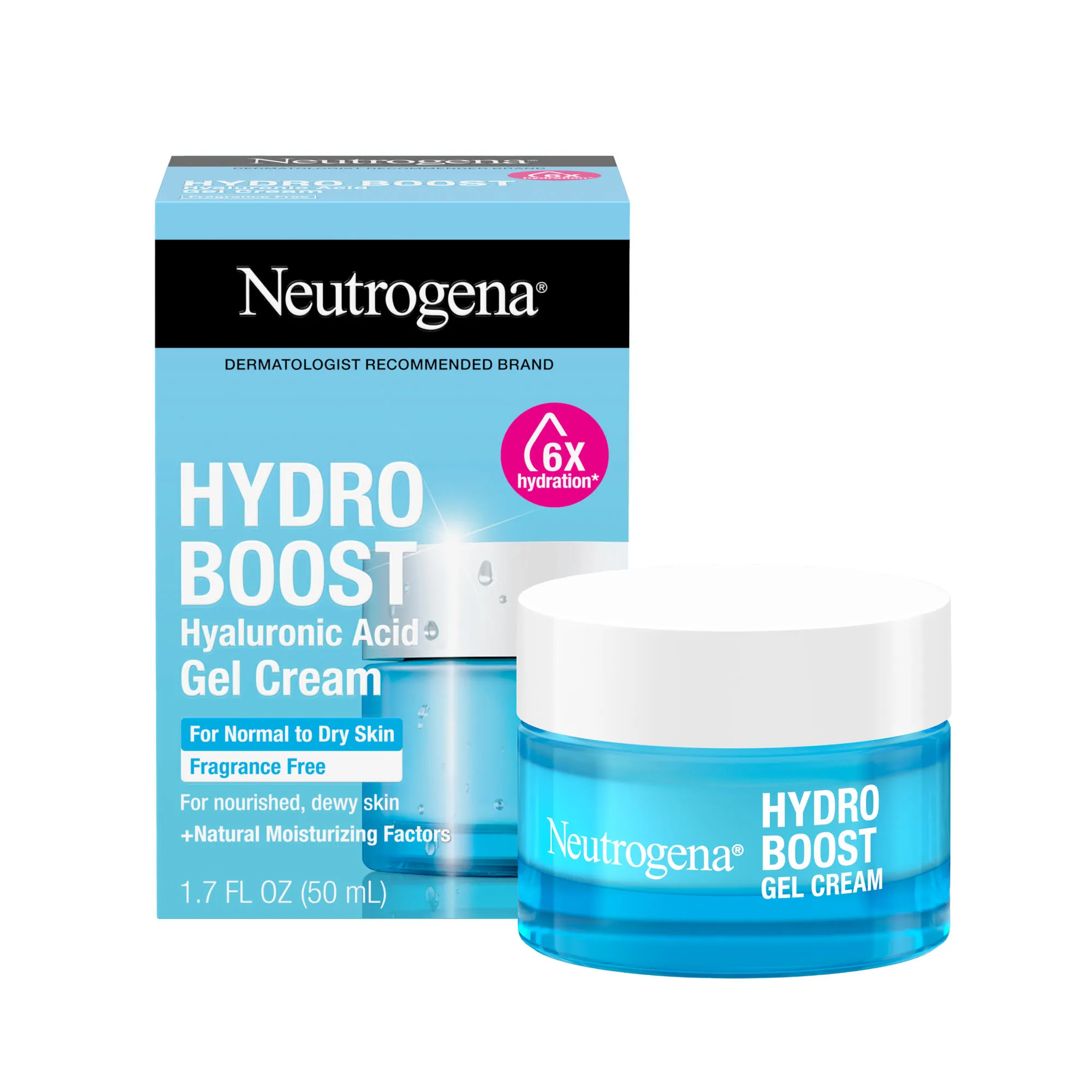 Neutrogena Hydro Boost Gel Cream jar and box with blue and white packaging.