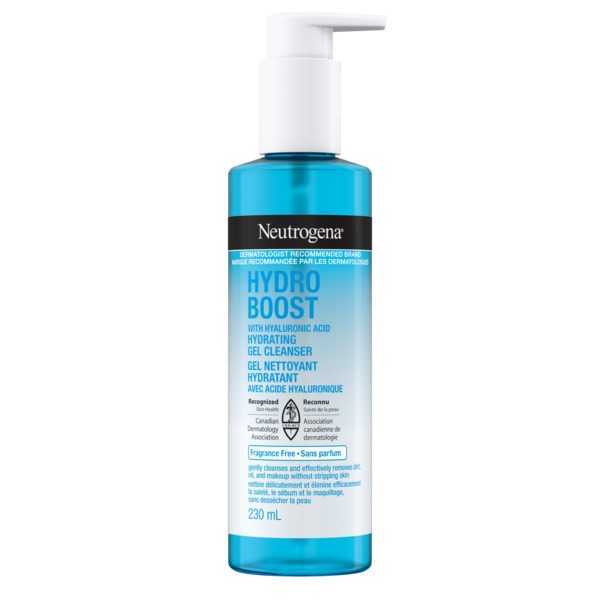 Neutrogena Hydro Boost cleanser bottle with blue liquid and a white pump dispenser.