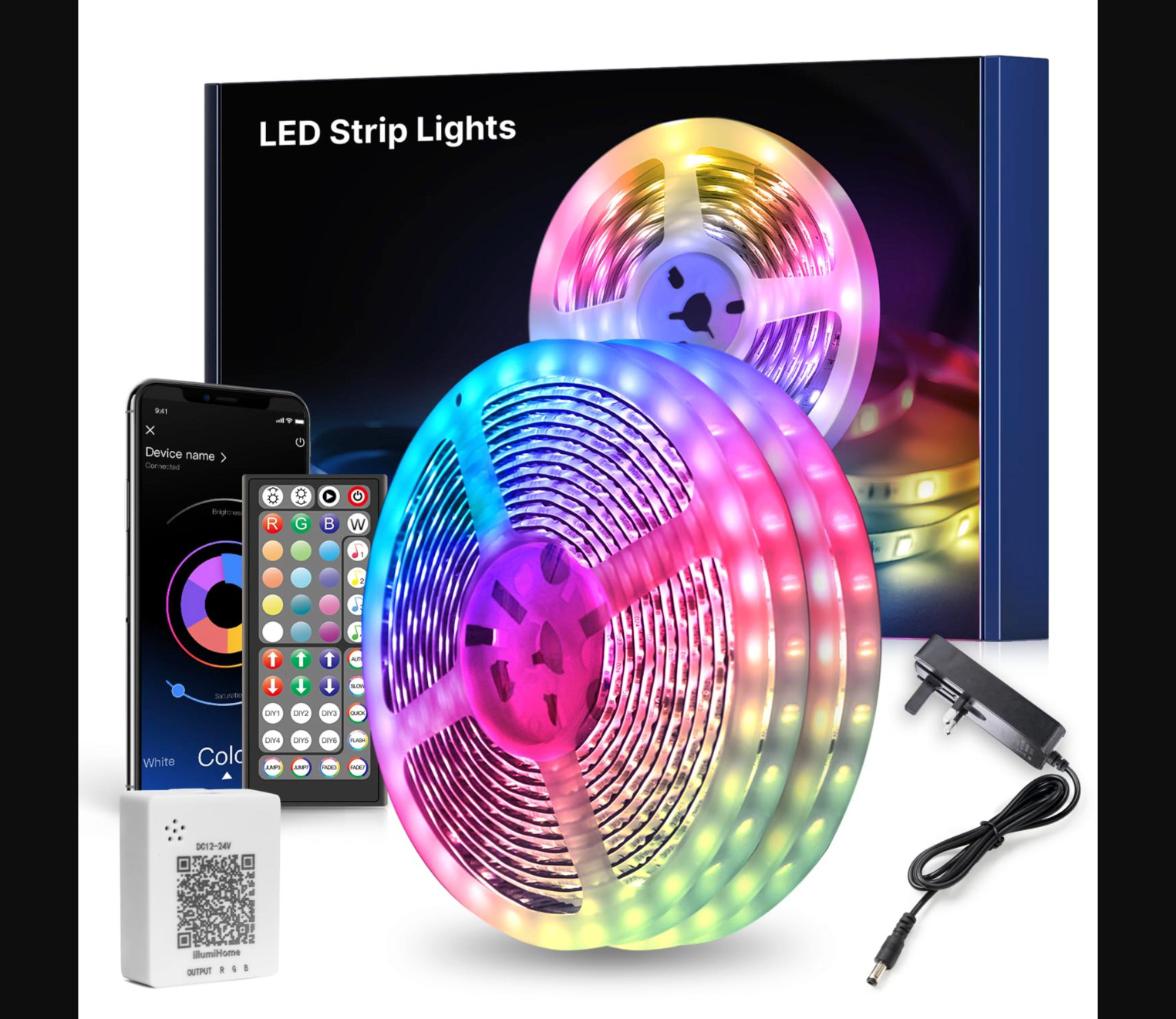 RGB LED Strip Light with Music Control – 16 Colors Flexible Multicolor Strip Light for Home Decoration with remote control, app control, and power adapter