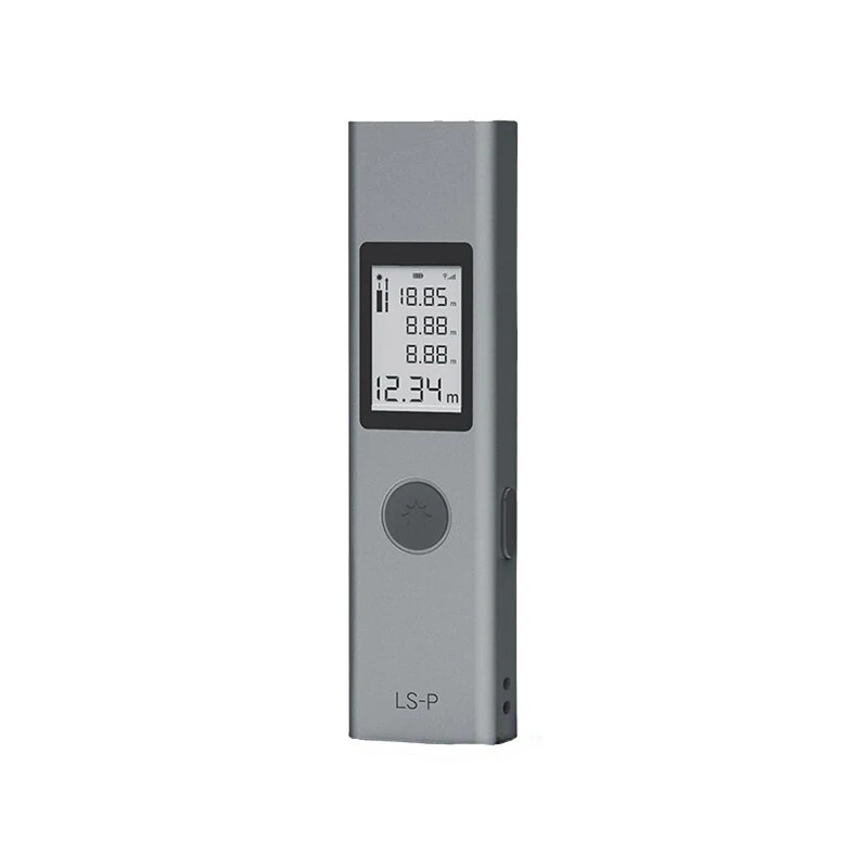Gray digital laser distance measurer with display and single round button.