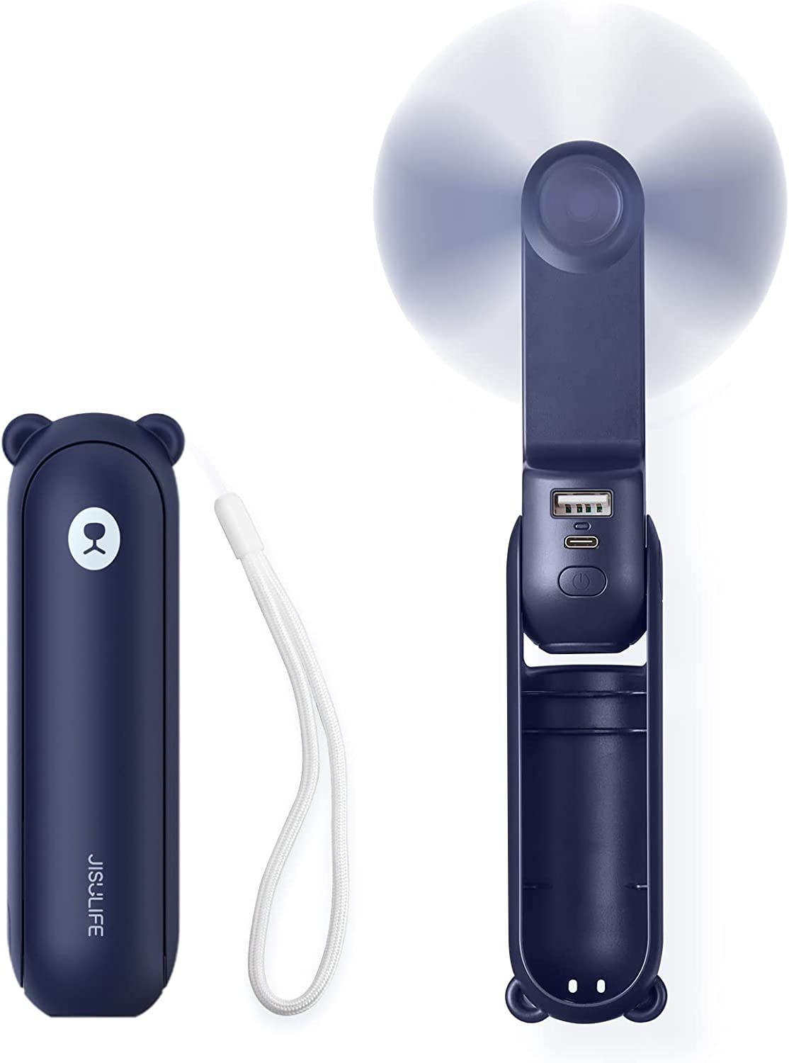 Dark blue portable handheld fan with cover and attached white wrist strap.