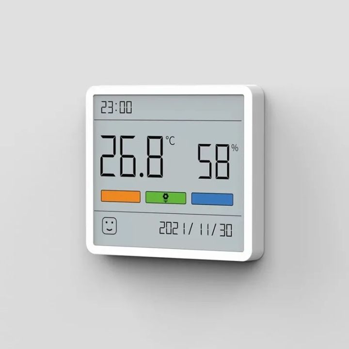 Digital wall thermometer and hygrometer displaying temperature and humidity levels.