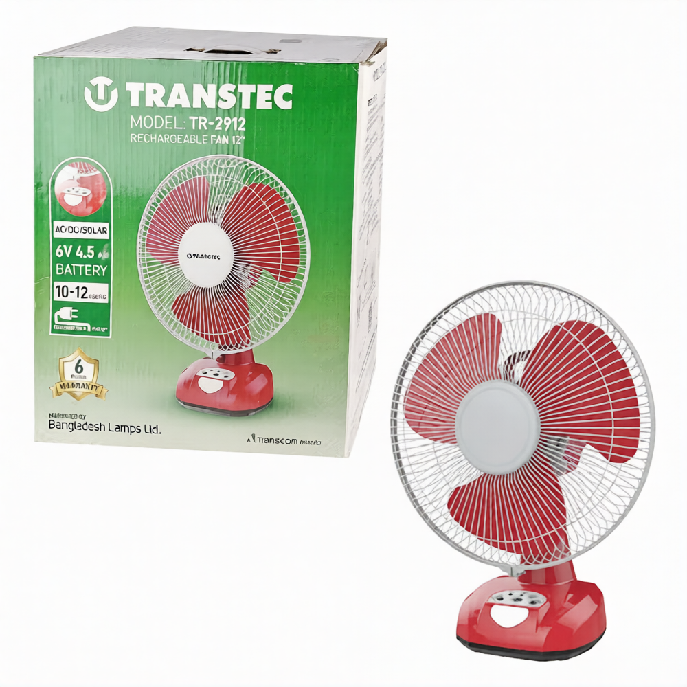 Red table fan next to its green and white Transtech branded packaging box.