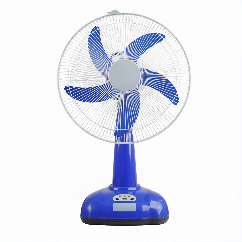 Blue electric table fan with five blades and a protective wire grille.