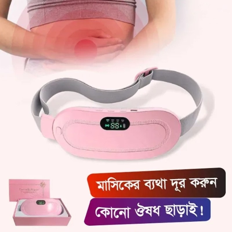 Pink electronic heating belt for abdominal pain relief with display screen and packaging box.