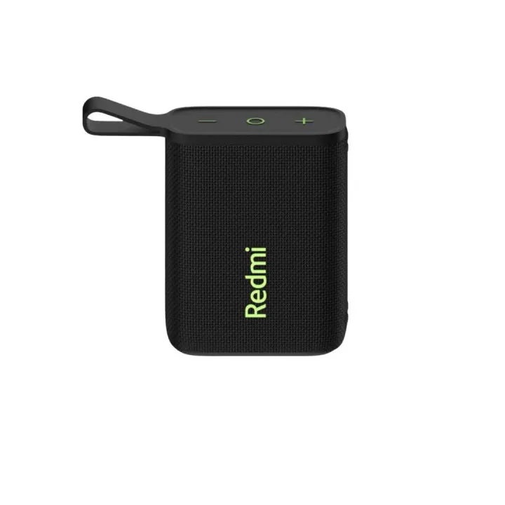 Black Redmi portable speaker with a small carrying loop and lime green branding.