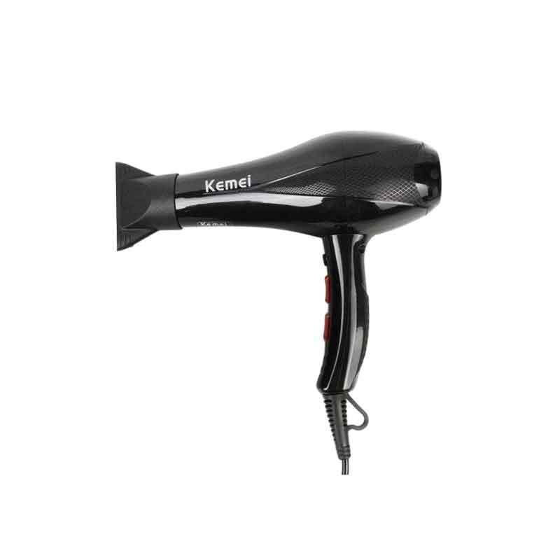 Black handheld hair dryer with a nozzle attachment on a white background.